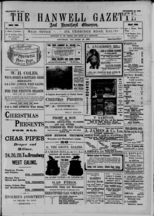 cover page of Hanwell Gazette and Brentford Observer published on December 25, 1909