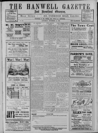 cover page of Hanwell Gazette and Brentford Observer published on November 23, 1912