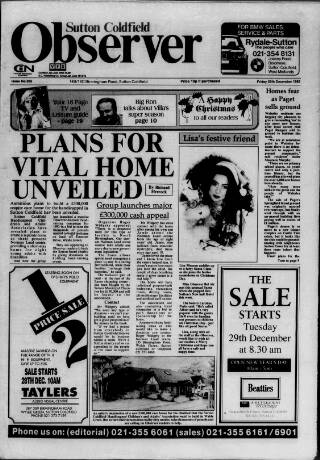 cover page of Sutton Coldfield Observer published on December 25, 1992