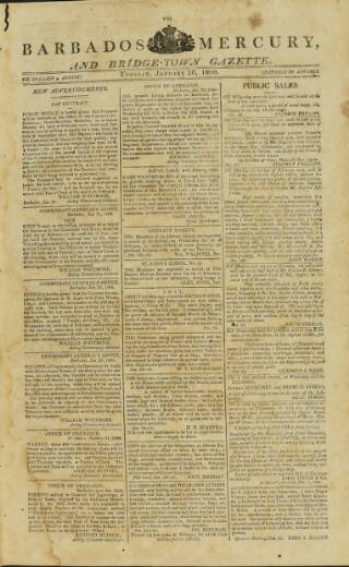 cover page of Barbados Mercury and Bridge-town Gazette published on January 26, 1808