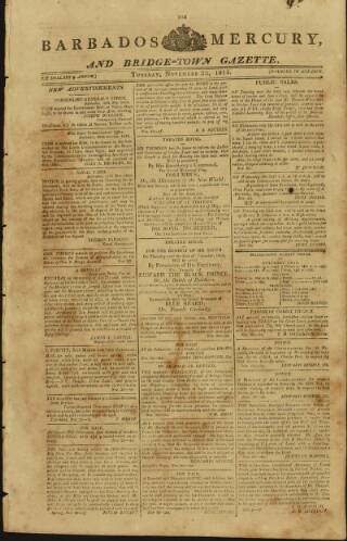 cover page of Barbados Mercury and Bridge-town Gazette published on November 23, 1813