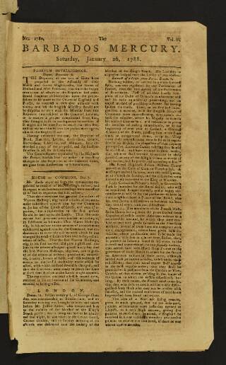 cover page of Barbados Mercury published on January 26, 1788