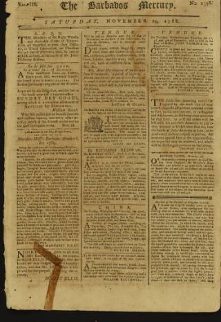 cover page of Barbados Mercury published on November 29, 1788