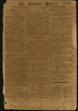 cover page of Barbados Mercury published on December 23, 1788