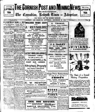 cover page of Cornish Post and Mining News published on December 25, 1926