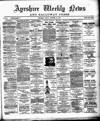 cover page of Ayrshire Weekly News and Galloway Press published on November 23, 1888