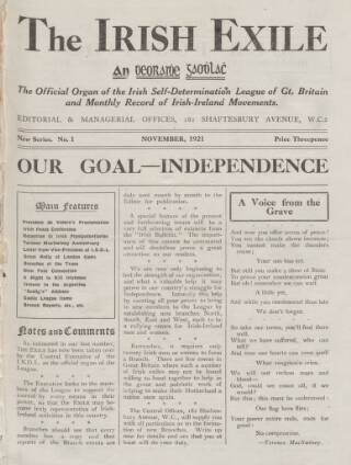 cover page of Irish Exile published on November 1, 1921