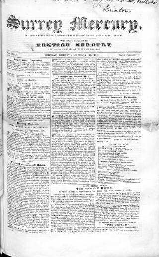 cover page of Surrey Mercury published on January 26, 1847