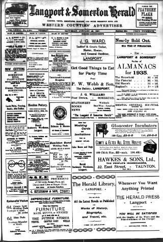 cover page of Langport & Somerton Herald published on January 26, 1935