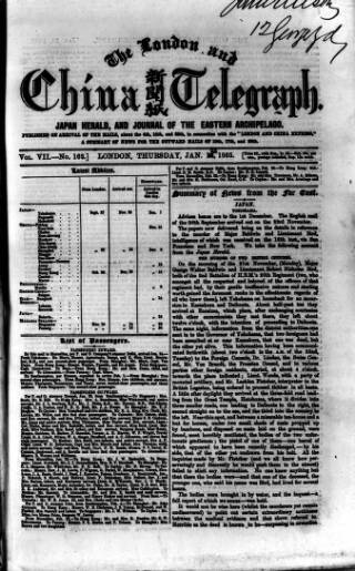 cover page of London and China Telegraph published on January 26, 1865