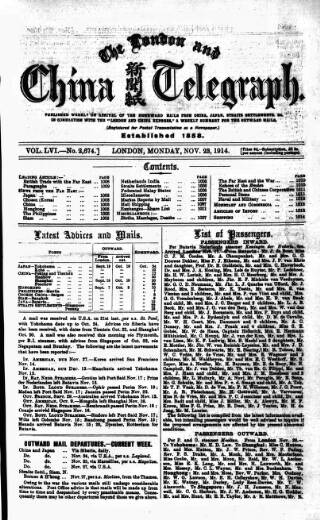 cover page of London and China Telegraph published on November 23, 1914