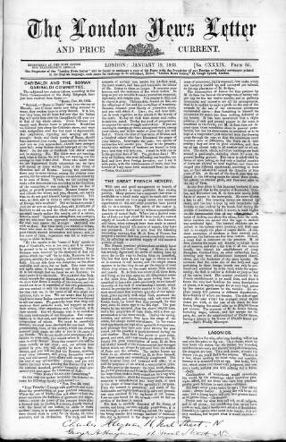 cover page of London News Letter and Price Current published on January 19, 1863