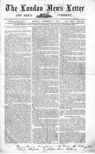 cover page of London News Letter and Price Current published on December 29, 1864