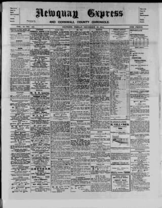 cover page of Newquay Express and Cornwall County Chronicle published on December 25, 1914