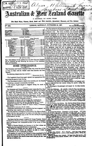 cover page of Australian and New Zealand Gazette published on November 23, 1867