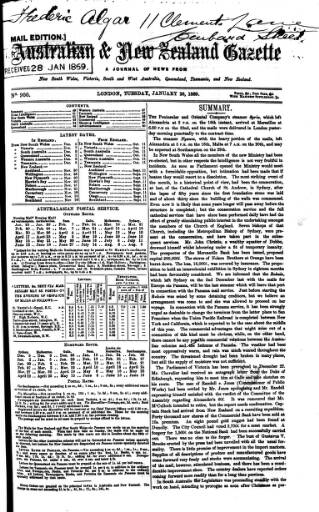 cover page of Australian and New Zealand Gazette published on January 26, 1869