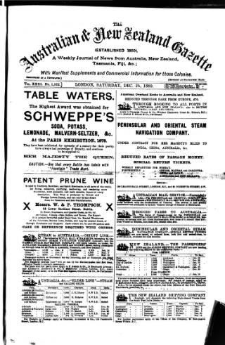 cover page of Australian and New Zealand Gazette published on December 25, 1880