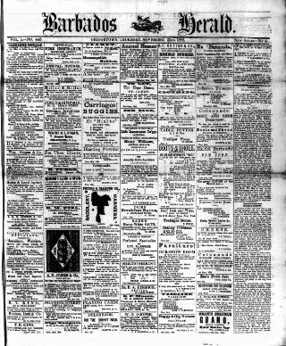 cover page of Barbados Herald published on November 23, 1882