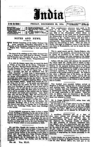 cover page of India published on December 25, 1914