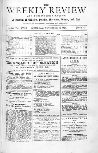 cover page of Weekly Review (London) published on November 23, 1878