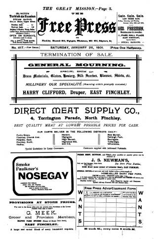 cover page of Finchley Press published on January 26, 1901