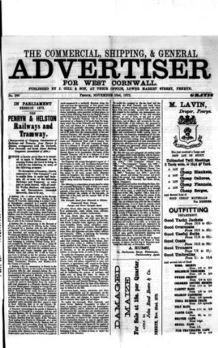 cover page of Commercial, Shipping & General Advertiser for West Cornwall published on November 23, 1872