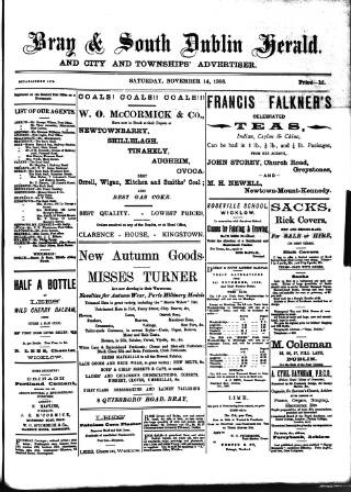 cover page of Bray and South Dublin Herald published on November 14, 1908