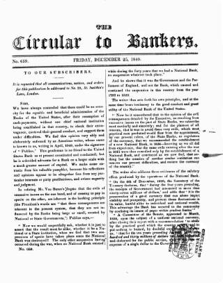 cover page of Bankers' Circular published on December 25, 1840