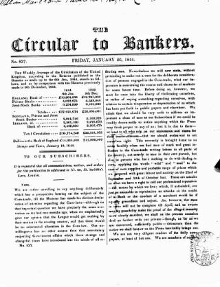 cover page of Bankers' Circular published on January 26, 1844