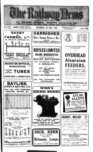 cover page of Railway News published on December 25, 1915