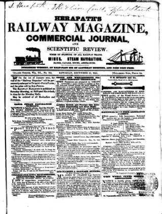 cover page of Herapath's Railway Journal published on December 25, 1841