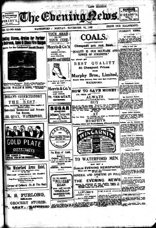 cover page of Evening News (Waterford) published on November 23, 1908