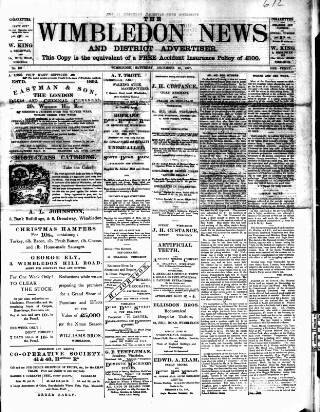 cover page of Wimbledon News published on December 25, 1897