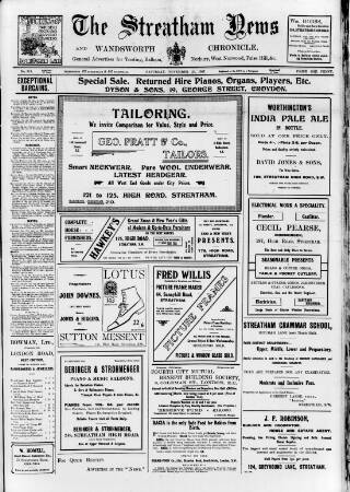 cover page of Streatham News published on November 23, 1907