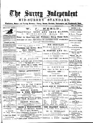 cover page of Surrey Independent and Wimbledon Mercury published on January 26, 1884