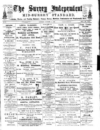 cover page of Surrey Independent and Wimbledon Mercury published on November 23, 1889