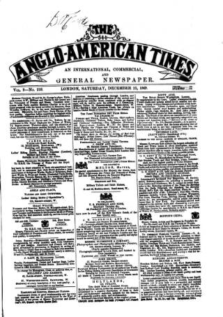 cover page of Anglo-American Times published on December 25, 1869