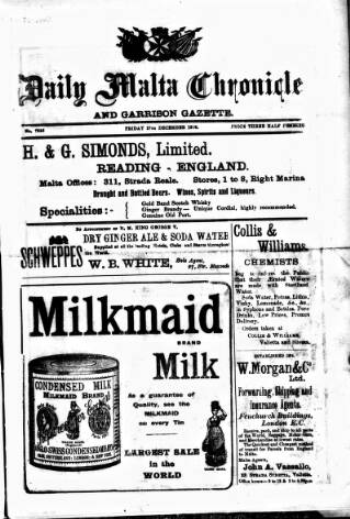 cover page of Daily Malta Chronicle and Garrison Gazette published on December 27, 1918