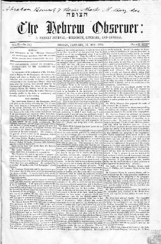 cover page of Hebrew Observer published on January 13, 1854