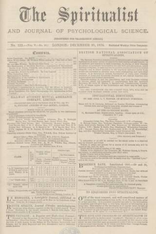 cover page of Spiritualist published on December 25, 1874