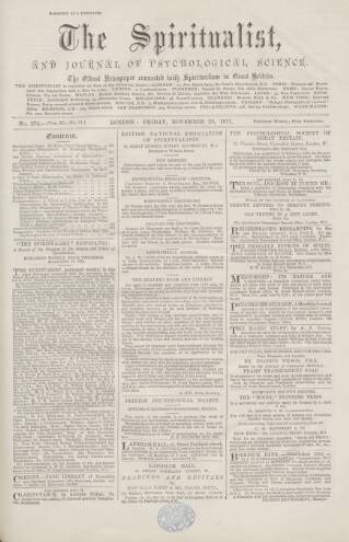 cover page of Spiritualist published on November 23, 1877