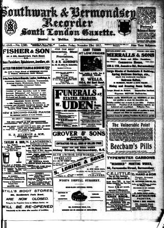 cover page of Southwark and Bermondsey Recorder published on November 23, 1917