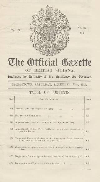 cover page of Official Gazette of British Guiana published on December 25, 1915