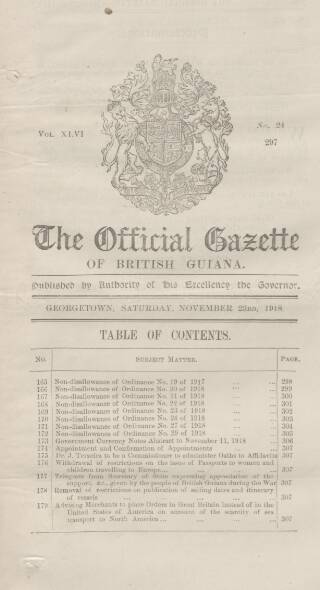 cover page of Official Gazette of British Guiana published on November 23, 1918