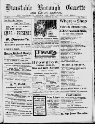 cover page of Dunstable Gazette published on December 25, 1912