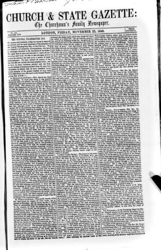 cover page of Church & State Gazette (London) published on November 23, 1849