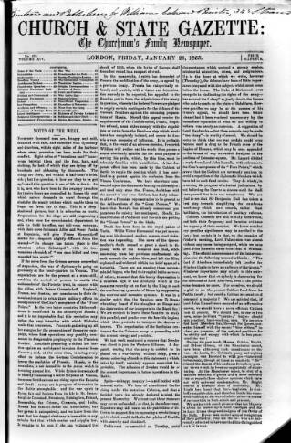 cover page of Church & State Gazette (London) published on January 26, 1855