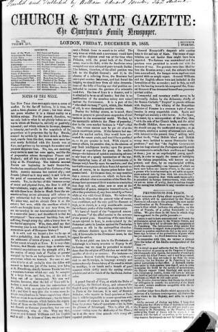 cover page of Church & State Gazette (London) published on December 28, 1855