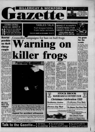 cover page of Billericay Gazette published on November 23, 1995