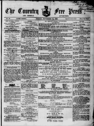 cover page of Coventry Free Press published on November 25, 1859